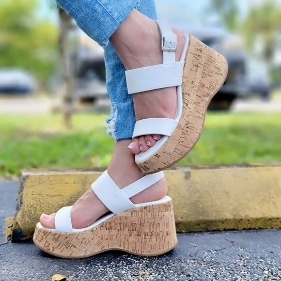 Women's High Platform Ankle Strap Wedge White Color - Picture 1 of 5
